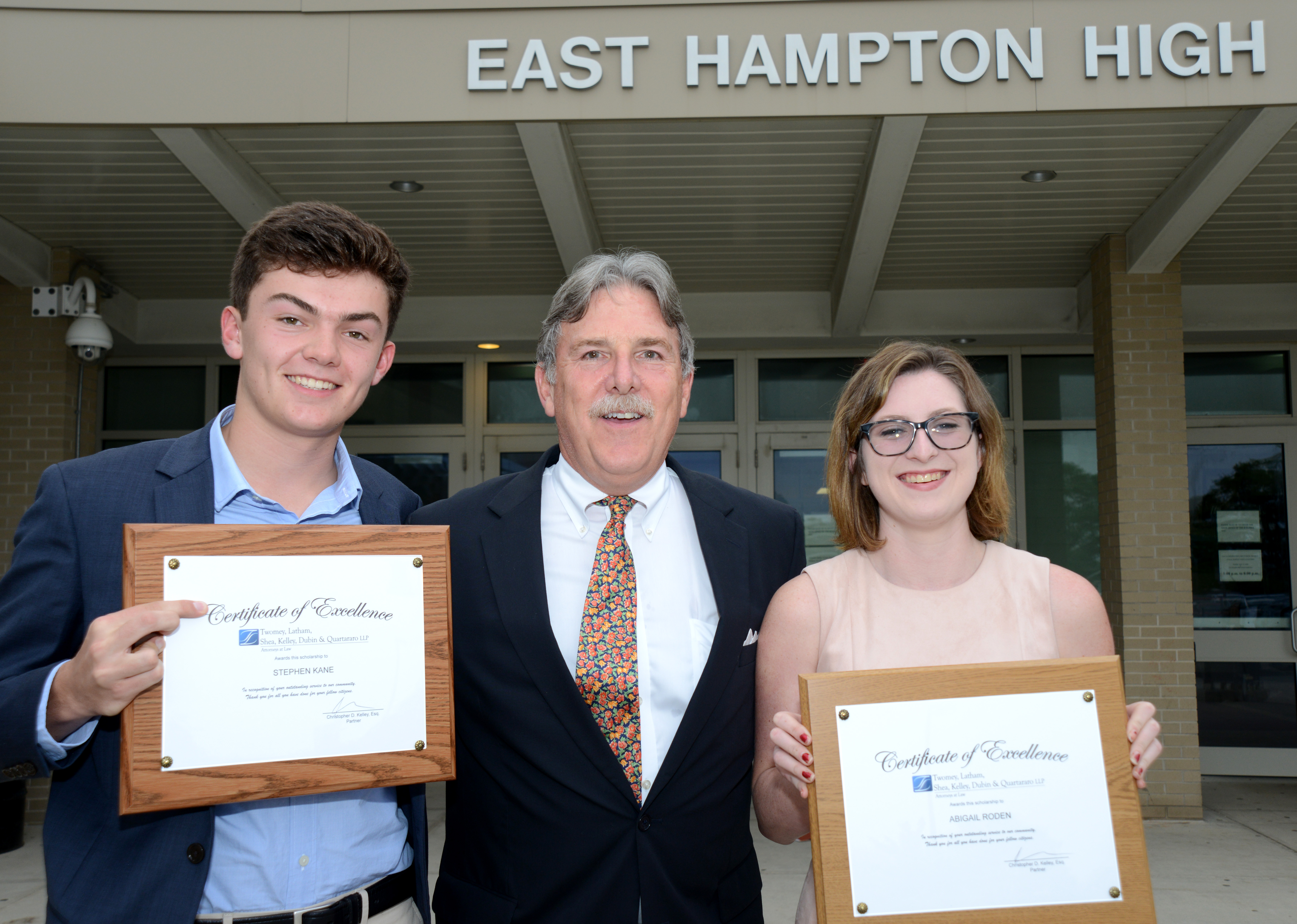 East hampton high school scholarship recipients and Senior Partner Christopher Kelley